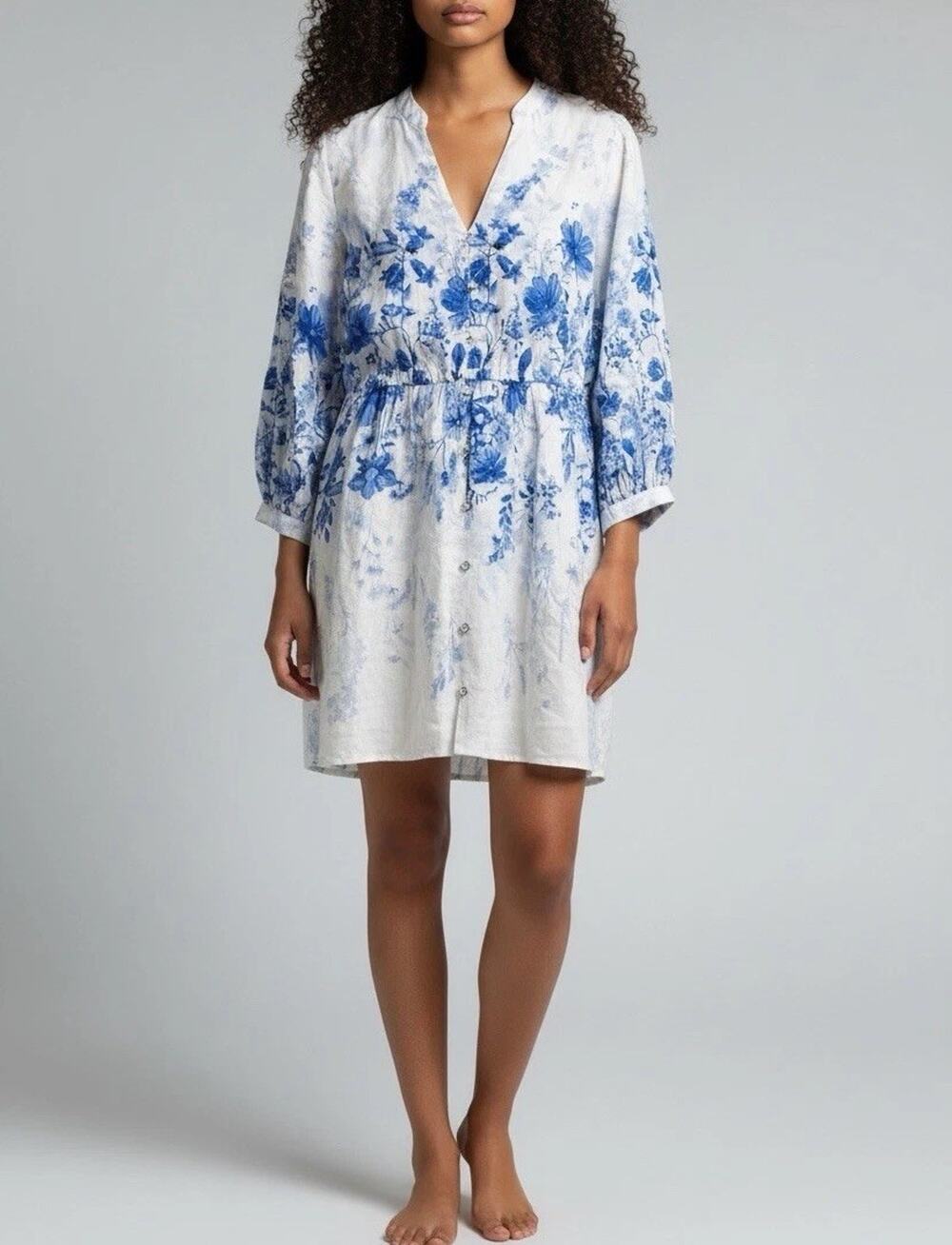 Calypso St Barth Women's Dress Linen Blend White Blue Floral V Neck Size L NWT